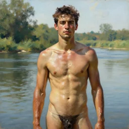attractive man by a river, bright sunlight, oil covered skin, painting by gaston bussiere, craig mullins