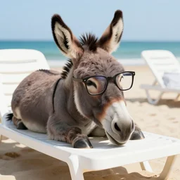 A Donkey wearing cool glasses lying on a sunbed at the beach, 8k, highly detailed
