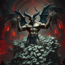 full body portrait of a pumped satanic demon, lucifer, devil, beelzebub, satyr, standing in a huge pile of bills, greek, monastery interior in hell, intricate, highly detailed, digital painting, artstation, concept art, cinematic lighting, illustration, by artgerm, greg rutkowski, alphonse mucha, cgsociety