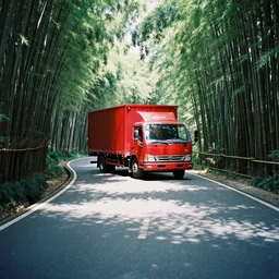 a red daihatsu delta truck parked in the apex of a curve with the road surrounded by a canopy of bamboo trees, the shadows of the leaves are proyected onto the road photographed with a nikon f 3 camera and a 3 5 mm f / 4 lens using portra 4 0 0 film stock