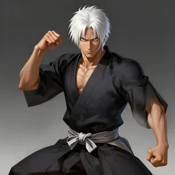 white haired parted through middle young japanese man wearing hakama, heroic battle pose, art by artgerm and greg rutkowski and magali villeneuve, handsome, portrait, muscular, highly detailed, digital painting, trending on artstation, concept art, sharp focus, illustration