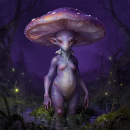 a close - up rococo portrait of a futuristic iridescent mushroom alien elf - like creature standing in water, moss, and swamp. fireflies night time. rich purple colors, high contrast. gloomy, highly detailed 1 8 th century sci - fi fantasy masterpiece painting by jean - honore fragonard, moebius, and johfra bosschart. artstation