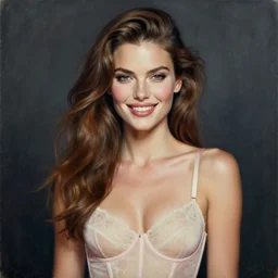epic painting drawing, full portrait of a beautiful supermodel ( ( smiling lovingly ) ), long brown ( wavy ) hair in ivory and pink chemisier, photography by amy leibowitz, wlop, jeremy lipkin, beeple, intricate, symmetrical front portrait, artgerm, dark smoky background
