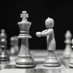 a black and white photograph humanoid chess pawn takes the crown off a humanoid chess king. art photography, tri - x