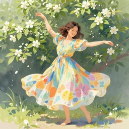 a happy lady in a bright colorful flowy dress dances among jasmines and leaves on a bright sunny day with her arms splayed open. by rebecca guay. pastel tones