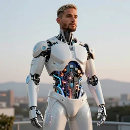 full-body bladerunner neon baroque style sculpture of a  handsome colombiano Maluma as a half cibernetic android with a chest opening exposing circuitry and electric sparks, glowing laser beam eyes, crown of giant diamonds,  flowing neon-colored silk, fabric, raptors. intricate artwork by caravaggio. Trending on artstation, industrial lighting , photorealistic, octane render, 8k, depth of field, 3D