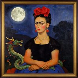 a frida kahlo painting of a dragon in love looking at the moon remembering his beloved