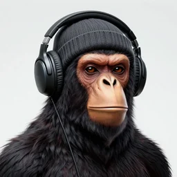 villian ape, headphones and knitted cap, realistic, extremely detailed, sharp focus, wide view, smooth, digital illustration, by james jean, by rossdraws, frank franzzeta, mcbess, sakimichan, brosmin, danton fadeev, steve simpson