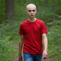 portrait, male teenager, bald, red shirt, blue jeans, dark shaped eyes, walking in forest, detailed face, realistic photo.