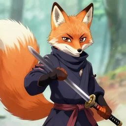 key anime visuals of an anthropomorphic fox, dressed as a ninja with a katana in his hand. high details.