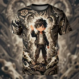 a t shirt all over print, tribal, claws and bones background, one piece art style, cartoon, anime, digital art
