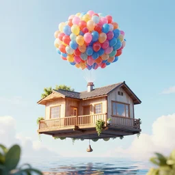 floating house inspired by movie up, held by ballons in the air