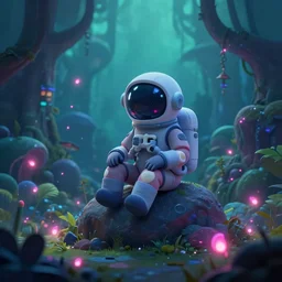 a skeleton astronaut sitting on rock, surrounded by bio - luminescent, glowing peaceful serene sentient solarpunk, jungle. in the style of katamari damacy, scattered glowing pink fireflies, soft vaporwave liminal aesthetic. 3 d blender by tomer hanuka, greg rutkowski, beeple, sharp focus, digital painting, concept art