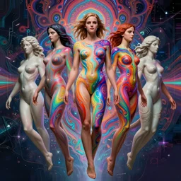 full body Emma Watson by Jean-Baptiste Carpeaux and Luo Li Rong and Michael James Talbot as goddess, all body, floating in space. perfect symmetrical face, colorful, psychedelic psychedelic, fractals, fresh rainbow bodypainting, synthwave, in full growth, elegant, realistic, 8K, female full-skin figure, hyperrealism, subsurface scattering, raytracing, rim light, Octane Render, Redshift, Zbrush, H R Giger, Zdzisław Beksiński, complex psychedelic glitch background