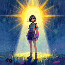 a lonely girl with alone in vast cyberspace, glitching through the rain, sunburst background, wearing sunglasses, wearing futuristic clothes, vibrant colors, glitchy, rule of thirds, spotlight, drips of paint, expressive, passionate, by greg rutkowski, by jeremy mann, by francoise nielly, by van gogh, digital painting