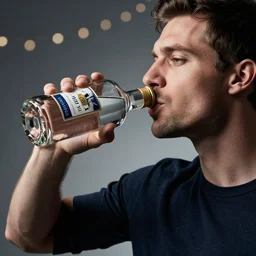 A studio portrait of a man drinking vodka from a bottle, highly detailed, bokeh, 90mm, f/1.4