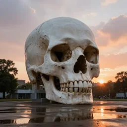 huge building in shape of skull by le corbusier brutalism, puddles of water, trees, sunrise, orange glow, by greg rutkowsky and ivan shishkin,