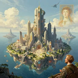 Tidalpunk Neofuturistic island city, photo realistic illustration by greg rutkowski, thomas kindkade, alphonse mucha, loish, norman rockwell