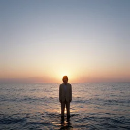 japanese man with long hair in a beige suit standing in the ocean looking at the camera, wide shot, far!!!!!!! away, zoomed out, distance!!!!!!! shot, sunset, centered!!!!!!!!!!, album cover, tatsuro yamashita, 1980, ride on time