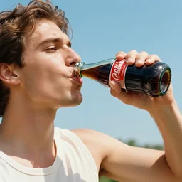 photo of a man drinking a glass bottle of coke in summer heat