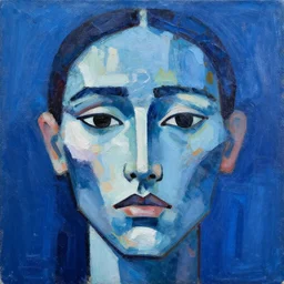 chaotic abstract expressionism painting of a face, blue color palette,