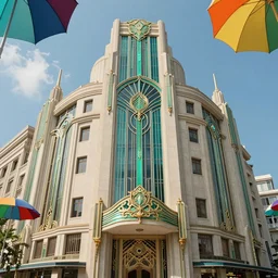 [ [ art deco ] ] 1 9 2 0 metropolis optimistic colorful sunny parasols art deco architecture fantasy by ross tran greg rutkowski intricate elegant retro futuristic highly detailed, artstation