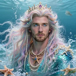 chris evans portrait, fantasy, mermaid, hyperrealistic, highly detailed, cinematic lighting, pearls, glowing hair, shells, gills, crown, water, highlights, starfish, jewelry, realistic, digital art, pastel, magic, fiction, ocean, game, king, colorful hair, sparkly eyes, fish, god, waves, bubbles, heroic