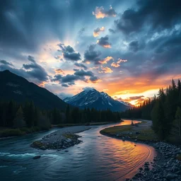 landscape photography by marc adamus, wide angle, river, mountains, trees, dramatic lighting, sunset, dramatic sky