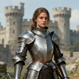 detailed portrait of a female knight posing before a castle |Mark Zug | hyperrealistic | artstation |
