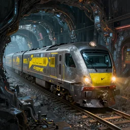 cyberpunk locomotive on railroad through fantasy cyberpunk underground caverns. digital render. digital painting. beeple. noah bradley. cyril roland. ross tran. trending on artstation.