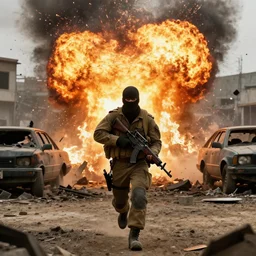 a  soldier wearing a balaclava running toward the camera with a rifle with a massive fiery explosion behind him with debris and damaged vehicles and buildings everywhere , cinematic framing, cinematic lighting, hdr, gritty, movie still, 4k,  in the style of the movie lone survivor