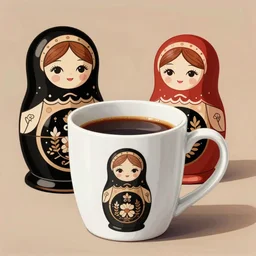 a white coffee mug with a image of ( ( ( a russian nesting doll, in the style of anime, studio ghibli, line art, black, beige, red ) ) ) on the side, high definition photography, studio lighting, professional, detailed, golden hour