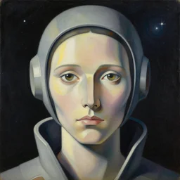 portrait headshot of sci fi human explorer, melancholic complex flat geometric minimalism by oskar schlemmer, moebius, john berkey, oil on canvas, portrait facial head, featured on artstation, hd wallpaper, anime art nouveau cosmic display