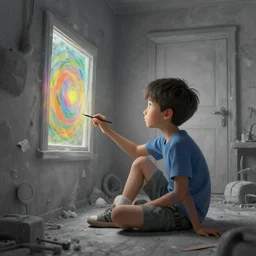 an A.I generated art program makes a boys imagination come to life, bringing color to his grey world,