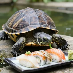 a photo of a wild turtle 🐢 in their pond eating a dish of sushi 🍣