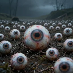 an apocalyptic landscape covered with eyeballs, ultra realistic, photogenic, dark ambience, 8k, high definition