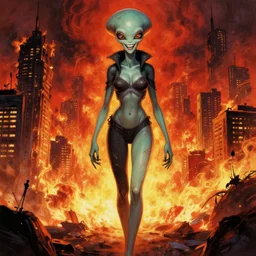 a picture of a smiling subgenius and sexy alien walking in front of a burning city, a detailed matte painting by mort kunstler, pixiv, kitsch movement, hellish background, movie poster, official art