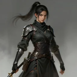 female rogue warrior with ponytail wearing ninja clothes, concept art, digital painting, trending on artstation, deviantart, epic composition, extremely detailed, ambient lighting, masterpiece, sharp focus