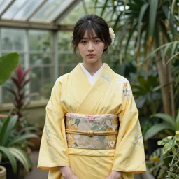 photograph of a young woman wearing a yellow kimono in a tropical greenhouse, by John Singer Sargent, extremely detailed, 4K, 85mm lens