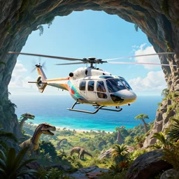 a futuristic helicopter hovering in a cave overlooking the ocean photograph, lush jurassic landscape, 4 k, hyper realistic, coherent design, symmetrical, vivid colour, trending on art station, in the style of pi - slices, complementary colour, golden ratio, detailed, sharp lines, intricate, rainbow shift, in unreal 3 d engine, ray tracing, octane render
