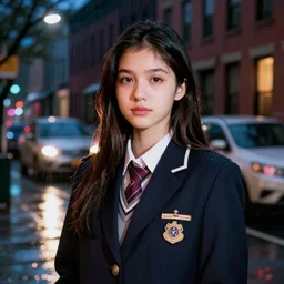 night flash portrait photography of a high school girl in uniform on the lower east side by annie leibovitz, colorful, nighttime!, raining!