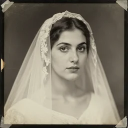 portrait of young beautiful lady in veil, old vintage photography, damaged photo, archive, film artifacts, scratches, tears, grainy, hyperrealistic, high quality, ultra detailed