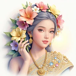 4 k detailed and intricate linework portrait of the beautiful princess of phuket, head and hand full of flowers, an ultrafine illustration by kittichai rueangchaichan, irakli nadar, pastel colors, 3 d rendered, global illumination, radiant light