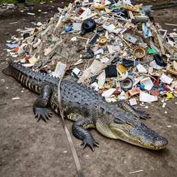 one large alligator on a leash sleeping next to a very large mound of trash, papers, junk, and metal parts