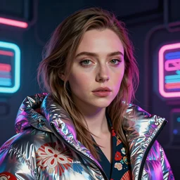detailed portrait of elizabeth olsen as a neon operator girl, cyberpunk futuristic, neon, reflective puffy coat, decorated with traditional japanese by ismail inceoglu dragan bibin hans thoma greg rutkowski alexandros pyromallis nekro rene margitte, illustrated, perfect face, fine details, realistic shaded, fine - face, pretty face