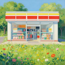 a beautiful painting of a convenience store in a field of flowers by moebius