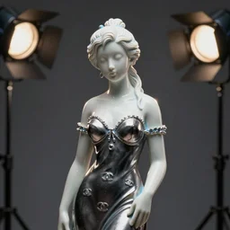 statue of the perfect woman, porcelain, ( desgined by apple ), silver, blue soft details, soft!!, dark black chanel dress, studio photo, octane render, studio lights, 8 0 mm lens