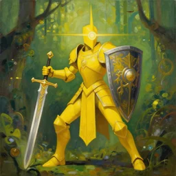 full body, attack position abstract painting in lush fantasy environment of a ornate holy warforged with circular glowing eye, character in yellow armor holding a legendary paladin engraved holy great longsword and carrying a huge heavy paladin shield, vertically flat head, sharp focus, minimalist, epic , trending on ArtStation, masterpiece, cinematic lighting, by Delphin Enjolras and by Ruan Jia