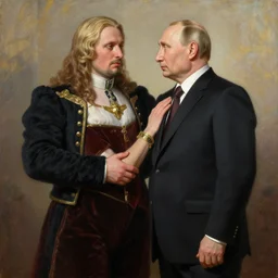 attractive fully clothed alexander lukashenko confesses his love for his attractive fully clothed vladimir putin knight. highly detailed painting by gaston bussiere and j. c. leyendecker 8 k