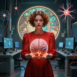 symmetric, a woman in a red dress holding a brain and neurons, in a room full of wires and computers and neural networks, sci - fi, ai, 4 k realistic, artem demura. alphonse mucha.